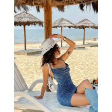 批发2026夏新款<b class='q'>欧美</b>吊带绑带<b class='q'>连衣裙</b>性感露背挂脖镂空植绒纹理感包臀裙