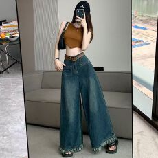 美式辣妹流苏设计感超阔腿牛仔裤女高腰宽松显瘦大喇叭裤子潮ins