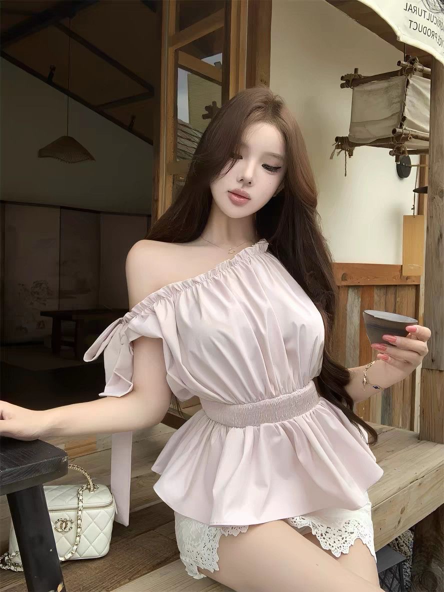 波点斜肩绑带收腰短款衬衫女夏季纯欲风 服裝批發女裝批發服飾貨源