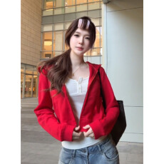 批发华棉复合秋季美式<b class='q'>修身</b>外套拼接红色薄款开衫拉链卫衣女