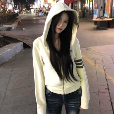 批发美式复古白色华夫格连帽<b class='q'>长袖</b>卫衣外套女秋季宽松百搭上衣