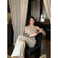 批发简约感条纹套装绑带收腰V领<b class='q'>上衣</b>阔腿裤外搭开衫