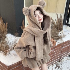 批发小熊连帽羊羔外套冬季新款毛连帽<b class='q'>甜美</b>宽松加厚高腰短裙花苞套装