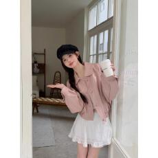 批发韩系甜妹穿搭粉色pu皮外套女春秋2024新款设计感小众宽松短款夹克