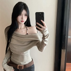 批发2025春秋新款假两件韩系斜肩辣妹T恤女长袖收腰显瘦<b class='q'>通勤</b>小众上衣