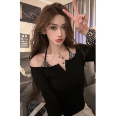 批发纯欲设计感亮片拼接挂脖<b class='q'>长袖</b><b class='q'>T</b><b class='q'>恤</b>女2025秋装新款收腰修身打底上衣