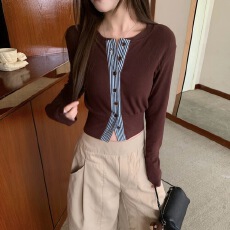 批发撞色条纹拼接设计感<b class='q'>长袖</b>开衫圆领内搭T恤短款上衣
