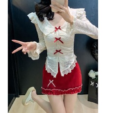 批发纯欲甜辣蕾丝花边衬衫上衣女早秋穿搭木耳边高腰a字短裙两件套装