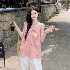 批发韩版爱心刺绣扭结背心衬衫女新款设计感苎麻<b class='q'>小衫</b>无袖别致上衣