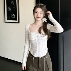 批发板栗可可Bankelili春日开场白蕾丝十字分割<b class='q'>打底</b>衫修身长袖<b class='q'>上衣</b>