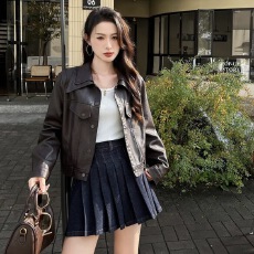 批发复古机车风双层翻领短款<b class='q'>皮衣</b><b class='q'>女</b>2026秋季新款气质小个子皮夹克外套