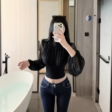 批发2026法式秋冬纯欲辣妹高领灯笼袖显瘦拼接上衣女长袖衬衫