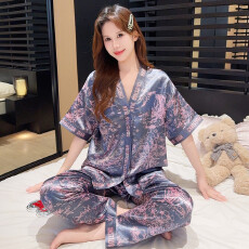 批发爆款奢华高级感紫色丛林冰丝两件套女士睡衣夏季短袖长裤家居服