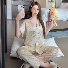 批发冰丝睡衣女夏季薄款短袖长裤波点猫咪网红风少女学生家居服套装