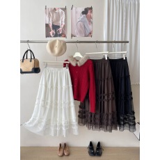 批发日韩miu系甜美木耳边网纱蕾丝半身裙女春<b class='q'>夏</b>大摆遮胯a字蓬蓬蛋糕裙