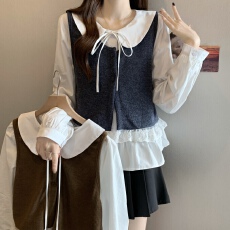 批发实拍~大码胖MM减龄高级甜美衬衫+蕾丝拼接<b class='q'>针织</b>马甲叠穿两件套上衣