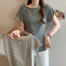 实拍~大码胖MM2026新款撞色条纹花边拼接收腰显瘦短袖T恤上衣
