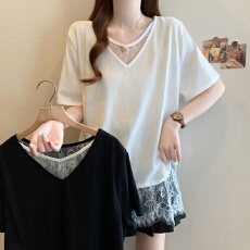 批发实拍~大码胖MM2026夏季新款蕾丝拼接宽松显瘦假两件上衣