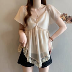 批发实拍～大码胖MM法式甜美V领蕾丝拼接网纱短袖娃娃衫女<b class='q'>雪纺衫</b>