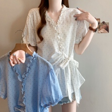 批发实拍～大码胖MM2026夏季新款法式V领绑带收腰显气质衬衫上衣