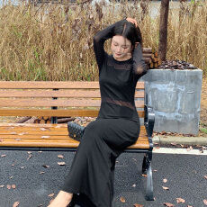 批发实拍2026早春款黑色网纱拼接半透视<b class='q'>连衣裙</b>女性感修身开叉包臀长裙