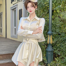 批发<b class='q'>实拍</b>实价法式纯欲缎面长袖收腰显瘦百褶连衣裙设计感辣妹衬衫裙