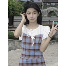 批发法式甜美小飞袖<b class='q'>连衣裙</b>套装女夏新款气质格纹衬衫+包臀半身裙短裙