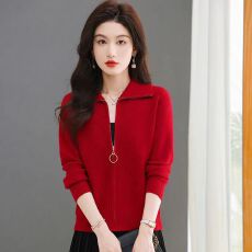 批发翻领毛衣外套女春秋冬短款羊毛衫外搭宽松时尚<b class='q'>妈妈</b>针织开衫