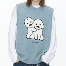 批发韩系针织衫坎肩马甲秋冬宽松卡通小狗<b class='q'>图案</b>刺绣无袖毛衣<b class='q'>背心</b>