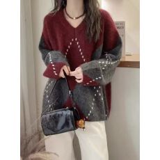 批发慵懒高级感灰色菱格毛衣女秋冬<b class='q'>大码</b>胖mm宽松软糯<b class='q'>针织衫</b>超好看上衣