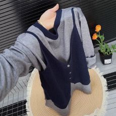 批发早秋假两件拼接<b class='q'>针织衫</b>女2025秋季新款<b class='q'>大码</b>微胖MM显瘦长袖圆领上衣