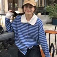 2025新款韩版宽松显瘦设计感条纹POLO领长袖针织毛衣百搭慵懒上衣