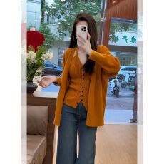 批发橘色叠穿针织开衫上衣两件套女早秋氛围感穿搭小个子短款毛衣外套