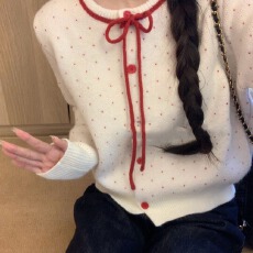 批发红色波点外搭短款毛衣外套女秋冬2025新款韩系小个子针织开衫上衣
