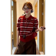 秋冬季韩系穿搭长袖毛衣女2025新款设计感红色条纹针织polo衫上衣