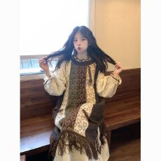 批发废土风秋冬新款复古爱心提花<b class='q'>针织衫</b>马甲流苏宽松<b class='q'>大码</b>毛衣女长裙潮