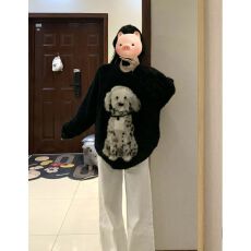 批发黑色套头软糯卡通小狗毛衣女秋冬宽松慵懒风长款针织衫上衣