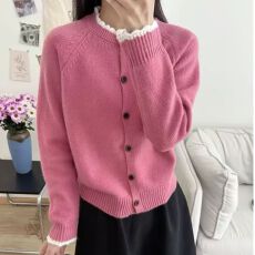 批发花边撞色针织开衫女2025春秋装新款洋气休闲上衣短款外搭毛衣<b class='q'>外套</b>