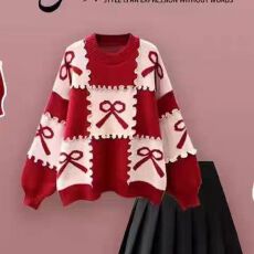 批发2025年新款韩系氛围感小个子学院慵懒风圆领红白色拼格毛衣针织衫