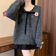 批发系带蝴蝶结毛衣开衫外套女春秋2025大码微胖mm法式<b class='q'>甜美</b>温柔风上衣