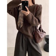批发豹纹绑带拼接咖色套头毛衣女2025<b class='q'>秋</b>冬新款宽松慵懒风长袖针织上衣