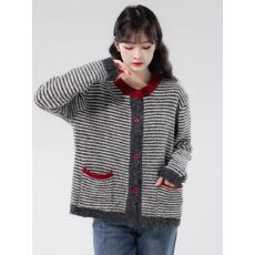 批发韩系设计感撞色条纹毛衣女2025<b class='q'>秋</b>季宽松百搭慵懒感针织开衫外套潮