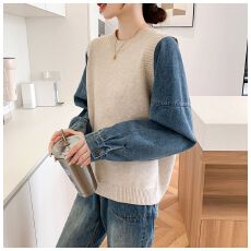 批发假两件<b class='q'>牛仔</b>拼接毛衣女套头外穿2025秋冬新款圆领宽松设计感针织衫