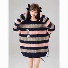 批发美式刺绣兔子条纹套头针织<b class='q'>毛衣</b>女秋冬加厚外穿韩系宽松慵懒风上衣