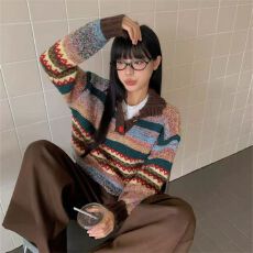 批发费尔岛港风彩色条纹毛衣咖色<b class='q'>牛仔</b>裤两件套女2025秋冬美拉德系上衣