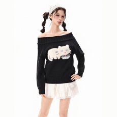 批发美式复古猫咪提花一字肩个性小众毛衣<b class='q'>女士</b>修身显瘦辣妹针织衫上衣