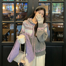 批发北极绒腈纶35%锦纶40%PBT25%菱格提花连帽<b class='q'>毛衣</b>外套女针织开衫