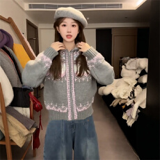 批发秋冬氛围感穿搭费尔岛提花连帽<b class='q'>毛衣</b>外套女装复古宽松软糯针织开衫