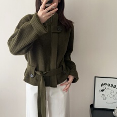 批发立领系带收腰针织衫外套女2025年秋冬百搭休闲时尚设计感<b class='q'>毛衣</b>开衫