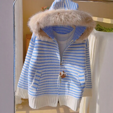 批发韩系慵懒风条纹撞色<b class='q'>毛衣</b><b class='q'>开衫外套</b>女秋冬仿水貂绒连帽双拉链针织衫